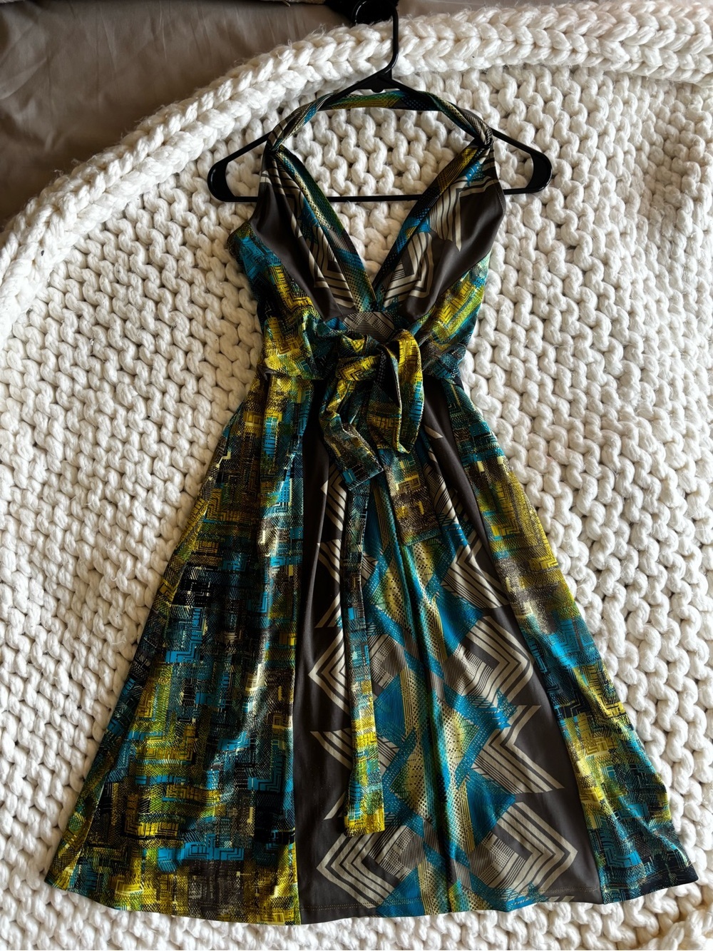 BCBGMaxAzria Multicolor Backless Halter Dress in Blue, Green, Yellow, Gray - Picture 2 of 4